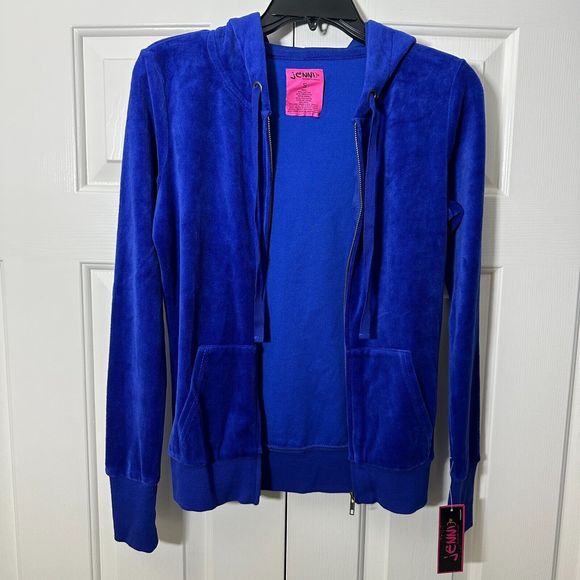 Jenni By Jennifer Moore Royal Blue Solid Velour Hooded Full Zip Sweater Jacket S - Picture 6 of 14